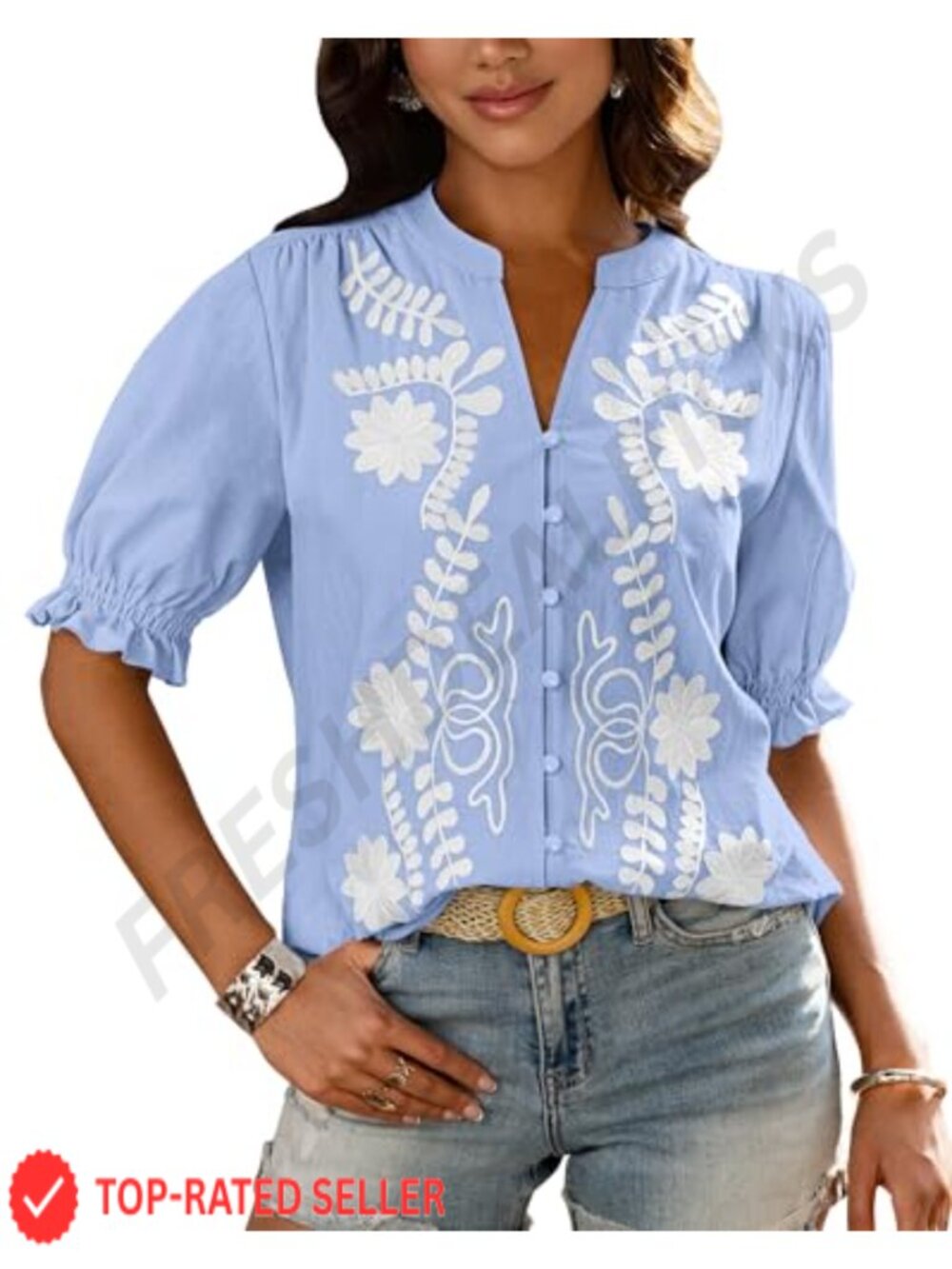 Embroidered Cotton V-Neck Button Down Blouse with Puff Sleeves